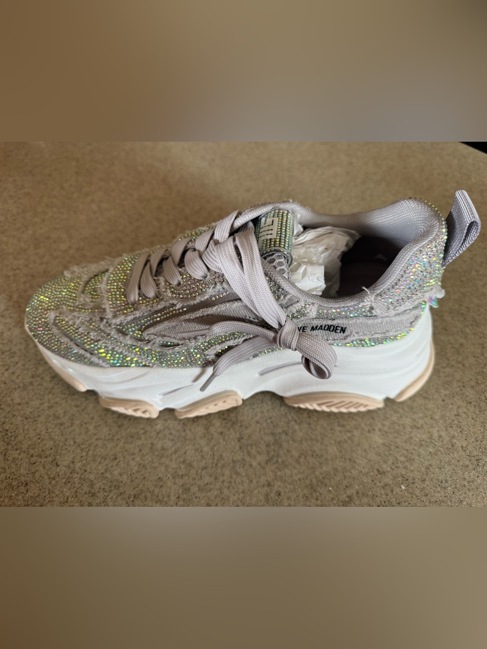 Steve Madden Iridescent Crystal-Embellished Chunky Sneaker - Taupe